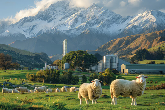  A photograph shows sheep in the front, with snowcapped mountains and green pastures of New Zealand's South Island in the background. Created with Ai