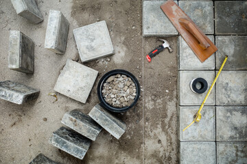 Top view of conblock floor construction work at home for backyard patio