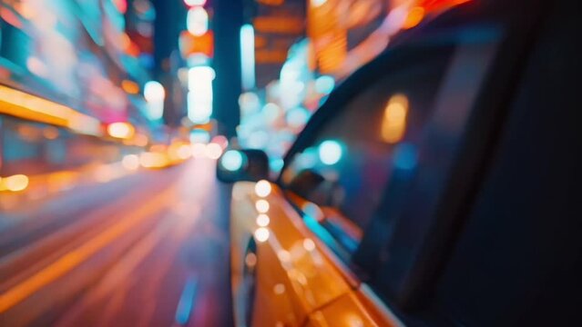 Taxi speeding, blurred city background, neon lights, dynamic angle, vibrant night life scene