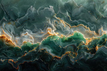 Abstract background, emerald and gold marble texture, dark background. Created with Ai