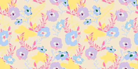 Bright watercolor feminine seamless pattern. Summer floral seamless background. Plant background for swimsuit, dresses, wallpapers. A lot of different flowers on the field.
