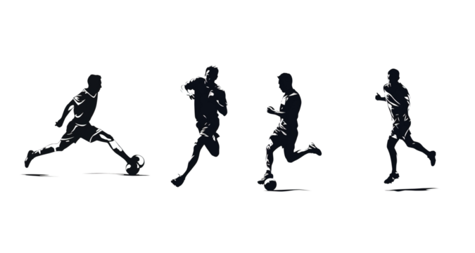 silhouette of a person playing football on transparent background, clipping path, png, 