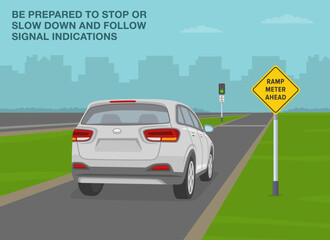 Safe driving tips and traffic regulation rules. Ramp meter ahead sign rule. Back view of suv on road. Be prepared to stop or slow down, follow signal indications. Flat vector illustration template.
