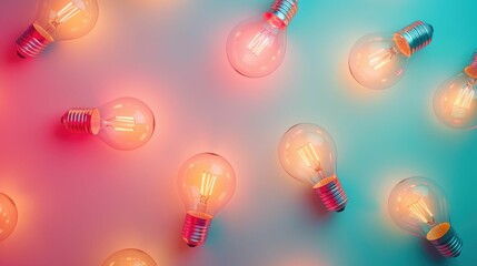 Creative layout of glowing bulbs on a dreamy pastel backdrop, top view