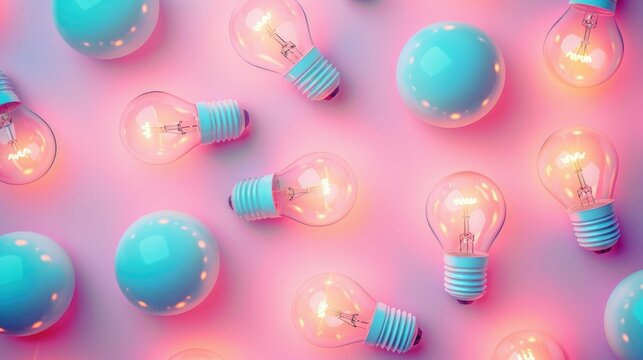 Creative layout of glowing bulbs on a dreamy pastel backdrop, top view