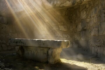 Symbolic Representation of Jesus Christ's Resurrection through Dramatic Artistic Editing of an Empty Stone Tomb with Strong Light Rays. Concept Resurrection, Symbolism, Jesus Christ, Dramatic Art - obrazy, fototapety, plakaty