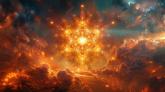 A digital rendering of a 3D Metatrons Cube a sacred geometric design that is said to contain all the information and knowledge of the universe representing the divine order