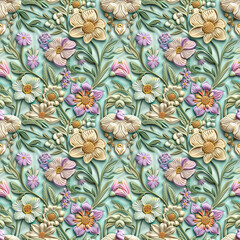 Floral embroidery from knitting wool, seamless pattern.