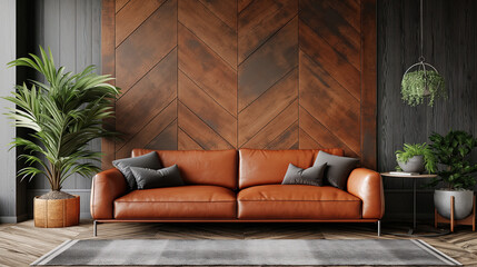 Leather sofa and décor in an interior living room wall mockup against a wooden wall backdrop.3d rendering - obrazy, fototapety, plakaty