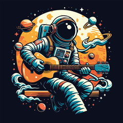 illustration of astronaut playing guitar flat art vector design for tshirt, poster, banner and more