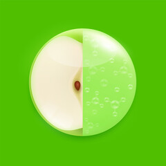 Fresh green apple slice and serum gel solution. Fruits rich in vitamins minerals. High vitamin K natural supplements. Vector EPS10 illustration.