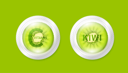 Fresh kiwi slice green in pill form. High vitamin C fiber potassium essential the health care. Natural alternative dietary supplements. Fruits rich in vitamins minerals. Vector. - obrazy, fototapety, plakaty