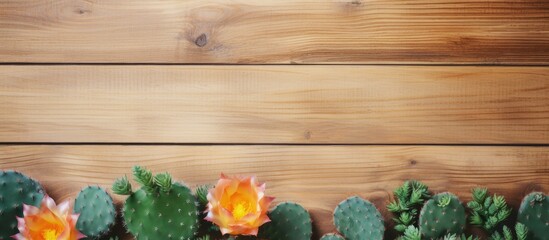 Several desert cacti arranged on a rustic wooden background, creating a natural and textured display