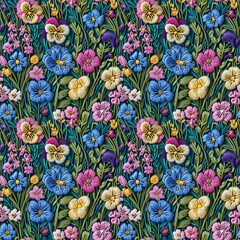 Floral embroidery from knitting wool, seamless pattern.