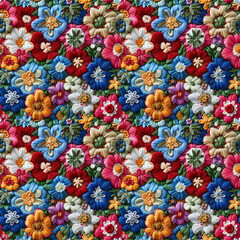 Fototapeta na wymiar Floral embroidery from knitting wool, seamless pattern.