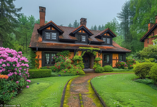 Photo of an old English style house in the woods with large windows, dark brown shingle walls and black trim, surrounded by a beautiful green lawn and flowers. Created with Ai