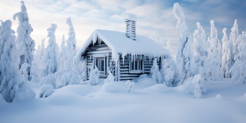 small cabin is covered in snow during the winter