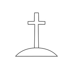 A cross is drawn on a white background. The cross is on a hill and is surrounded by a plain
