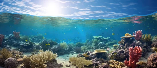 Fotobehang An underwater coral reef with sunlight streaming through the water, creating a breathtaking natural landscape in the ocean with coastal and oceanic landforms © TheWaterMeloonProjec