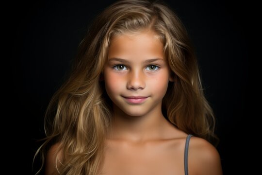 Portrait of a beautiful little girl on a black background. Close-up.