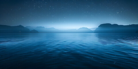 Fototapeta na wymiar A Serene Scene of Deep Blue Reflections and Moonlit Waterside Calm 