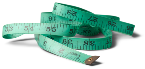 green sewing tape measure, flexible vinyl essential tool for sew or crafting measurements with metal caps or tabs on ends, selective focus isolated white background