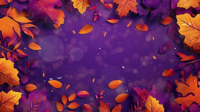 autumn leaves on purple background for thanksgiving holiday banner with space for  text. seamless looping overlay 4k virtual video animation background