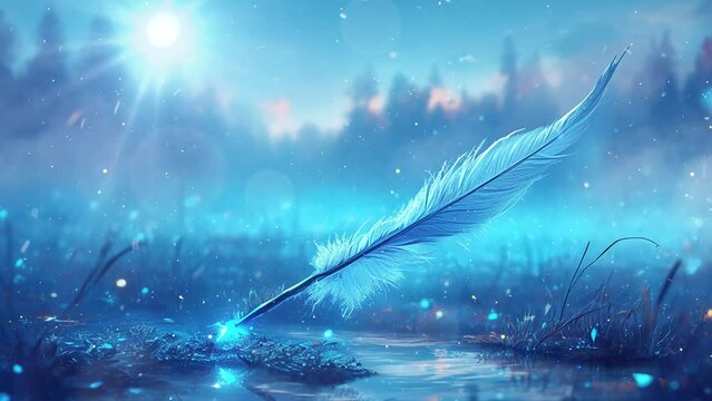 fantasy background with riverbank feather drifting faint aura gentle ripples. seamless looping overlay 4k virtual video animation background