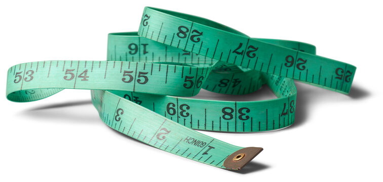 green sewing tape measure, flexible vinyl essential tool for sew or crafting measurements with metal caps or tabs on ends, selective focus isolated white background