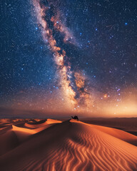 A solitary camel stands on a desert dune with the magnificent Milky Way galaxy stretching across the night sky above - obrazy, fototapety, plakaty