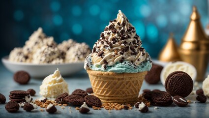 Italian gelato in waffle cone, studio lighting and background, cinematic food photography, ice cream