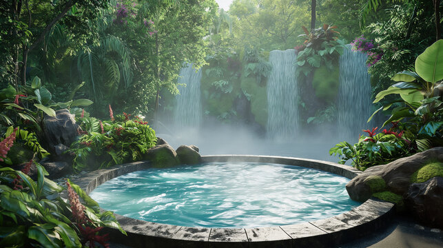 oasis where guests soak in a bubbling hot tub, surrounded by lush greenery and cascading waterfalls, melting away stress and tension during their mid-journey relaxation session.