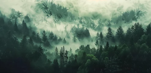 Gordijnen Enigmatic Mist: Vintage Forest Scene with Pine Trees © sssheina
