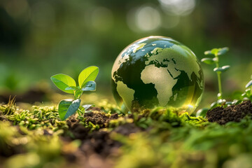A clear glass  Globe Resting next to a green sprout on Green Moss: Environmental Conservation Concept