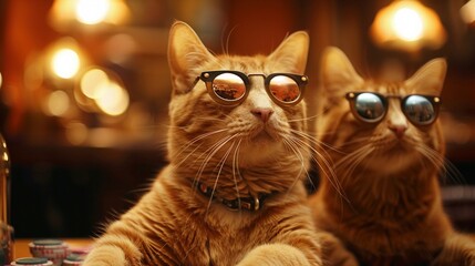 A poker table from an unusual angle where cats with augmented reality glasses strategize