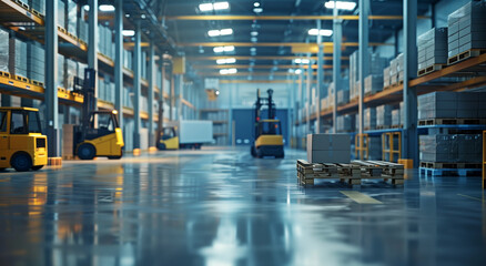 Brightly lit modern Large warehouse with pallets of boxes and forklifts