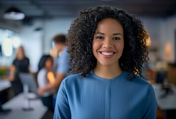 Joyful African American Woman: Smiling in Comfortable Office