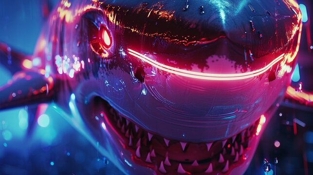 Underwater disco with neon sharks circling a cyber-samurai dynamic