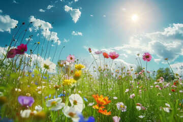 Floral Landscape: Colorful Spring Meadow Illustration - flowers against a blue sky and bright sunshine