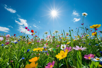 Multicolored flowers against a blue sky and bright sunshine. Blooming meadow: spring floral landscape. 