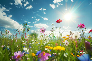 Spring blooming: bright flower meadow against a clear sky filled with sunshine.