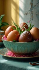 Artfully arranged Easter eggs in a pastel-colored bowl, with flowers and soft lighting casting shadows