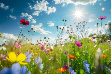 Blooming meadow: Colorful wildflowers on the background of blue sky with cumulus and sun. - 768398972