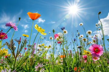 Flowers on the background of blue sky and sun. Spring Blossoms: Vibrant Flower Meadow. 