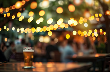 Bokeh Background with People Relaxing, Dining, and Enjoying Music. Evening Chill at Asian Street Bar.
