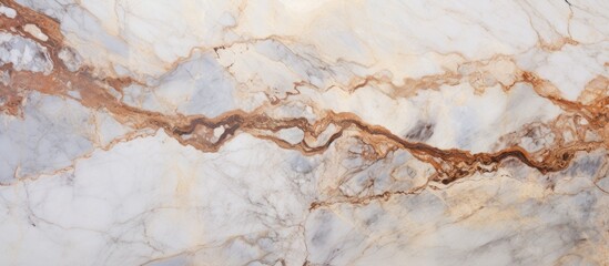 A detailed closeup of a marble texture with a prominent brown vein, resembling a landscape painting with intricate patterns and natural colors