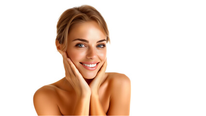 Smiling young blond woman touching her flawless skin. Transparent background. Perfect for advertising skin care products