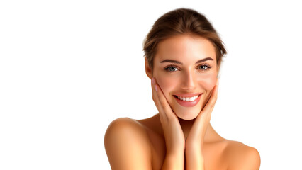 A happy woman with flawless skin smiling and gently touching her flawless glowing skin. Transparent background. Perfect for skincare advertising