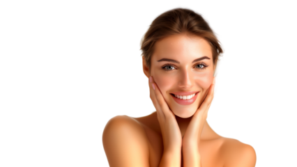 A happy woman with flawless skin smiling and gently touching her flawless glowing skin. Transparent background. Perfect for skincare advertising
