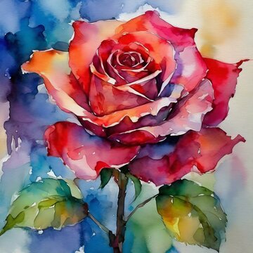an exquisite handmade painting featuring a vibrant red rose as the central subject. Utilize watercolor techniques to create a soft and ethereal portrayal of the flower, with translucent layers of colo